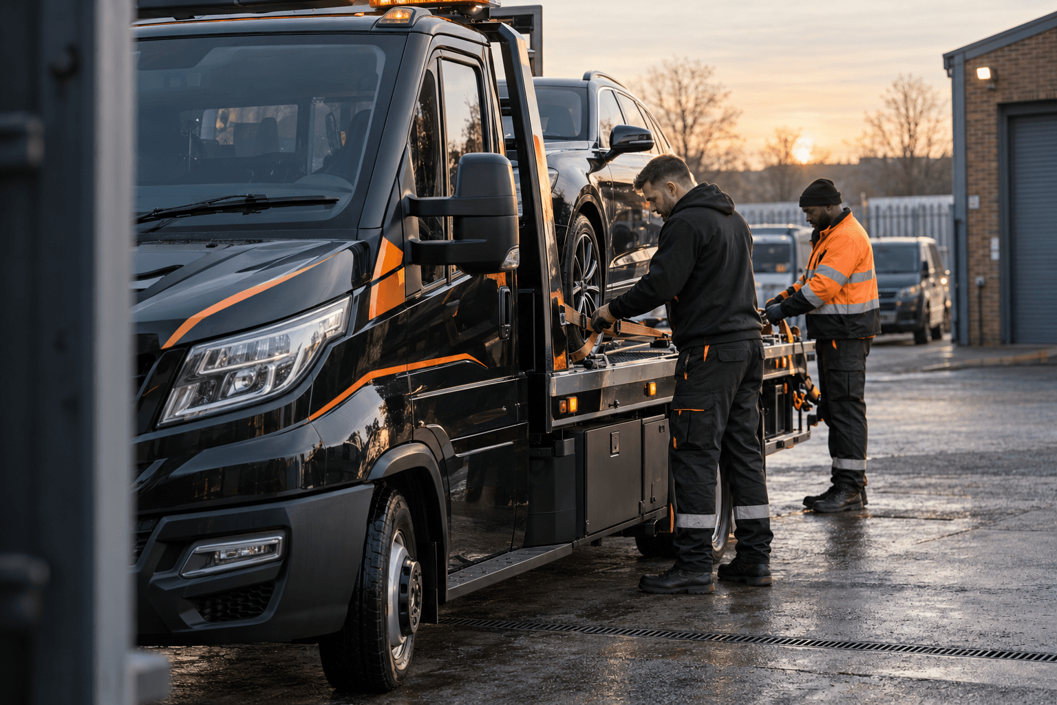 Recovery operators securing a vehicle for transport